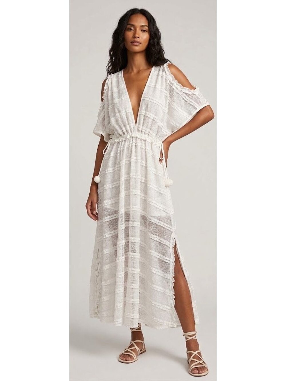 NWT Waimari Sheer Cold Shoulder Side Slit Coverup in White Maxi Dress M